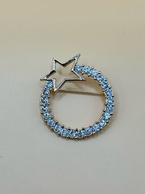 Silver Star Circle Brooch with Clear Crystals - Women's Jewelry